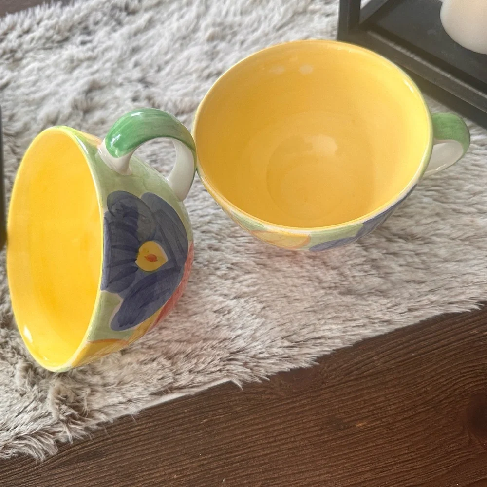 Bob Mackie yellow blue floral botanical oversized vintage mug set